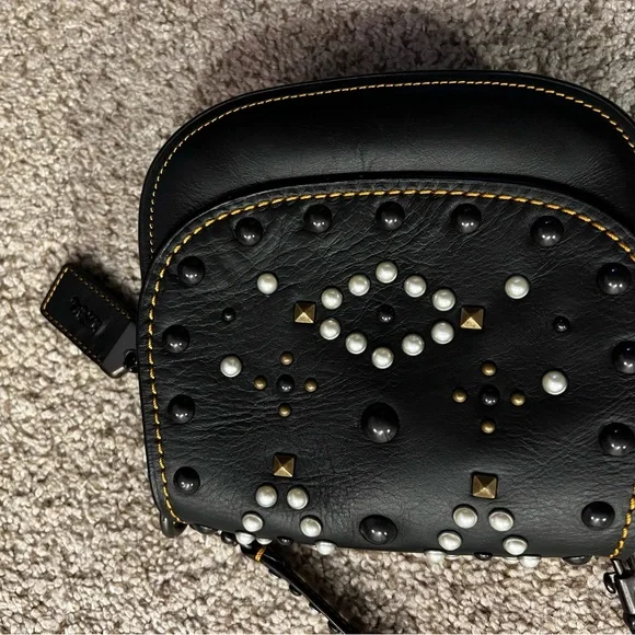 Coach VINTAGE Black Leather Crossbody Bag with Studs and Pearls - Picture 8 of 16